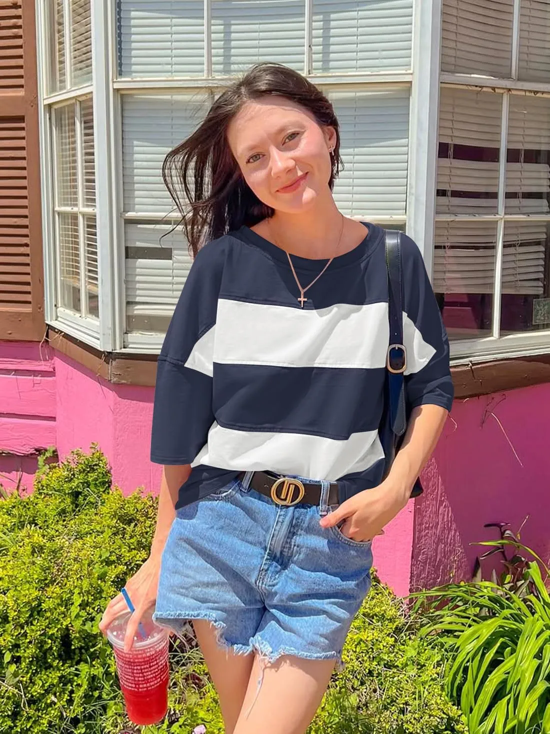 ZESICA Women's Summer 2025 3/4 Sleeve Casual Tee Tops Crewneck Drop Shoulder Color Block Oversized T-Shirts