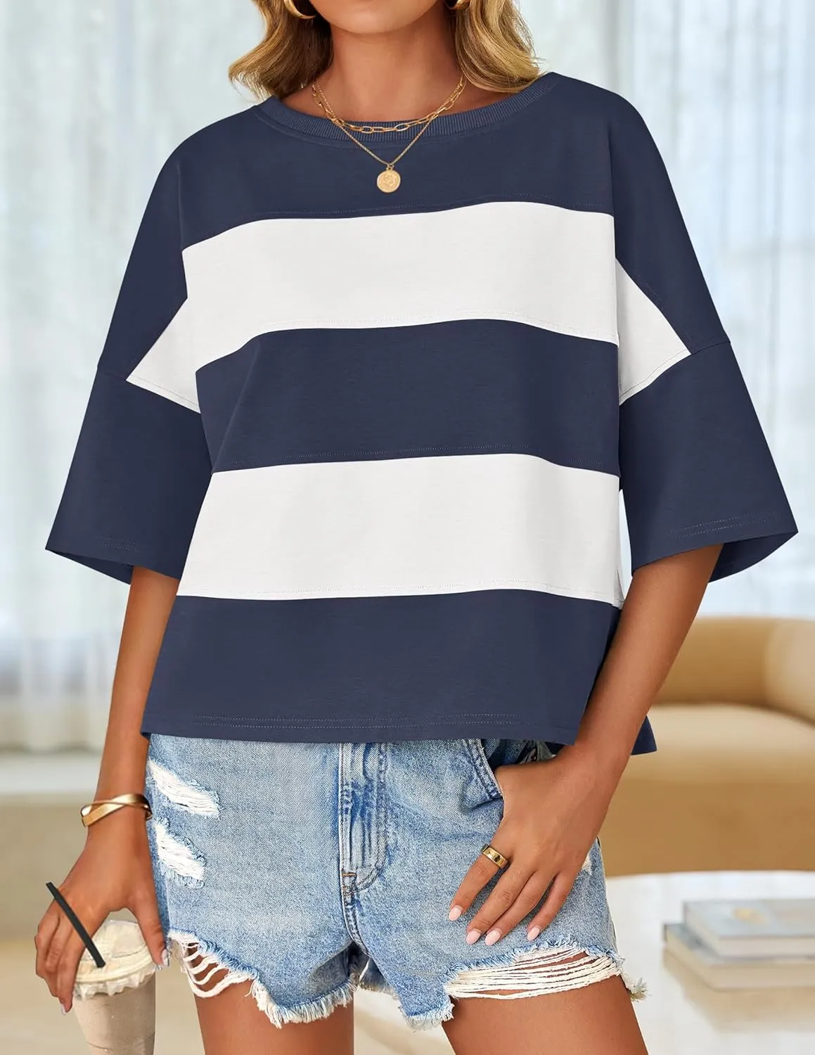 ZESICA Women's Summer 2025 3/4 Sleeve Casual Tee Tops Crewneck Drop Shoulder Color Block Oversized T-Shirts