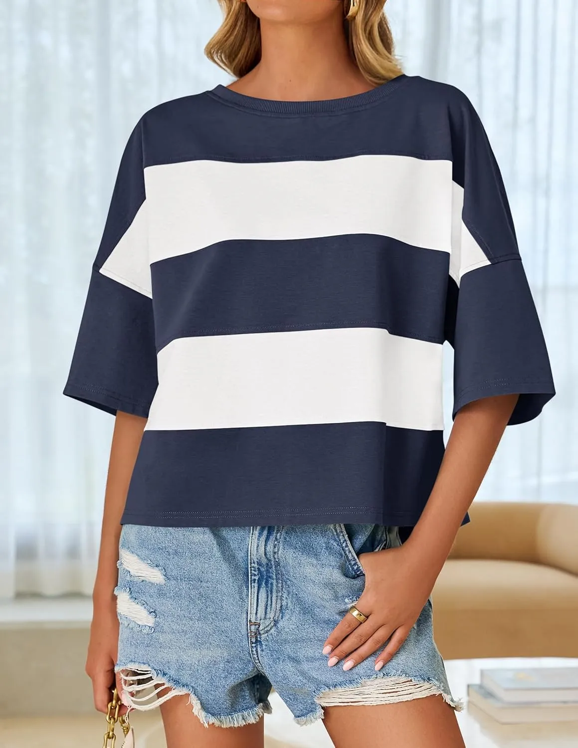 ZESICA Women's Summer 2025 3/4 Sleeve Casual Tee Tops Crewneck Drop Shoulder Color Block Oversized T-Shirts
