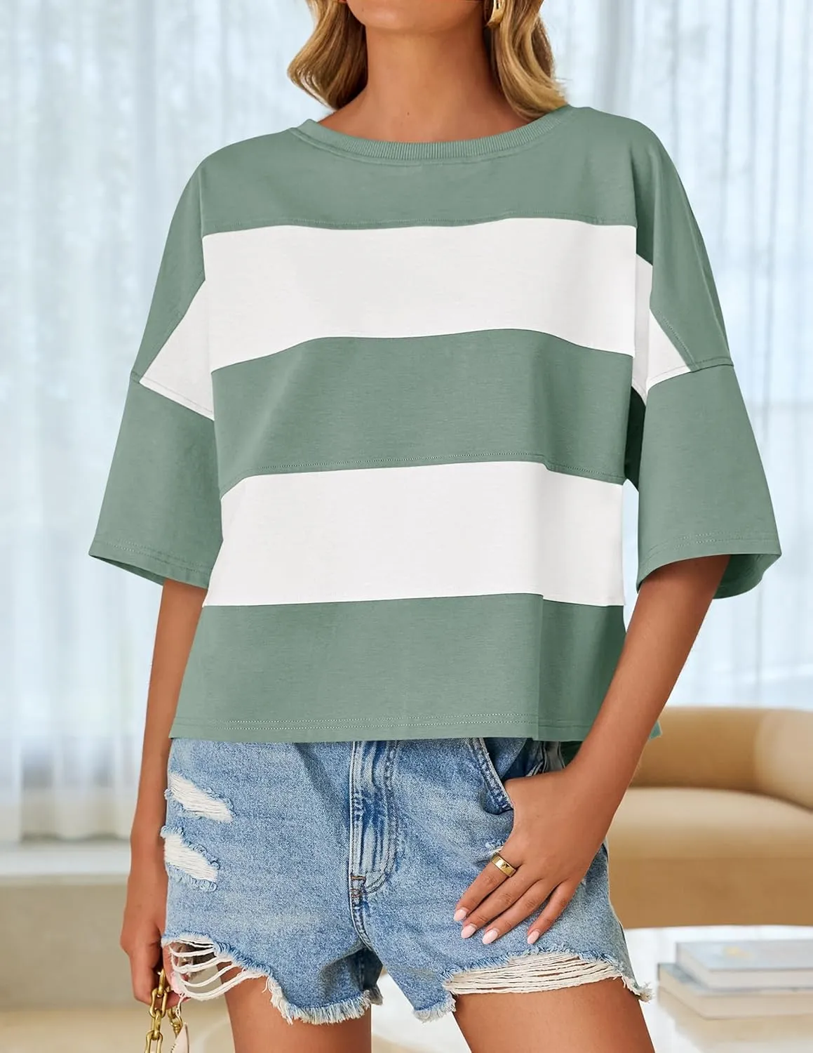 ZESICA Women's Summer 2025 3/4 Sleeve Casual Tee Tops Crewneck Drop Shoulder Color Block Oversized T-Shirts