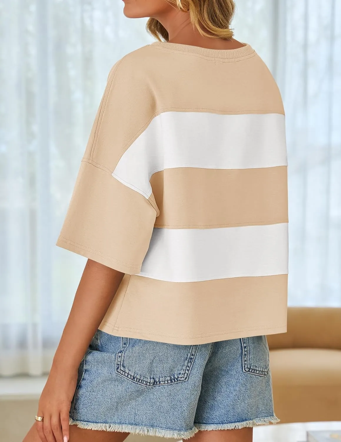 ZESICA Women's Summer 2025 3/4 Sleeve Casual Tee Tops Crewneck Drop Shoulder Color Block Oversized T-Shirts