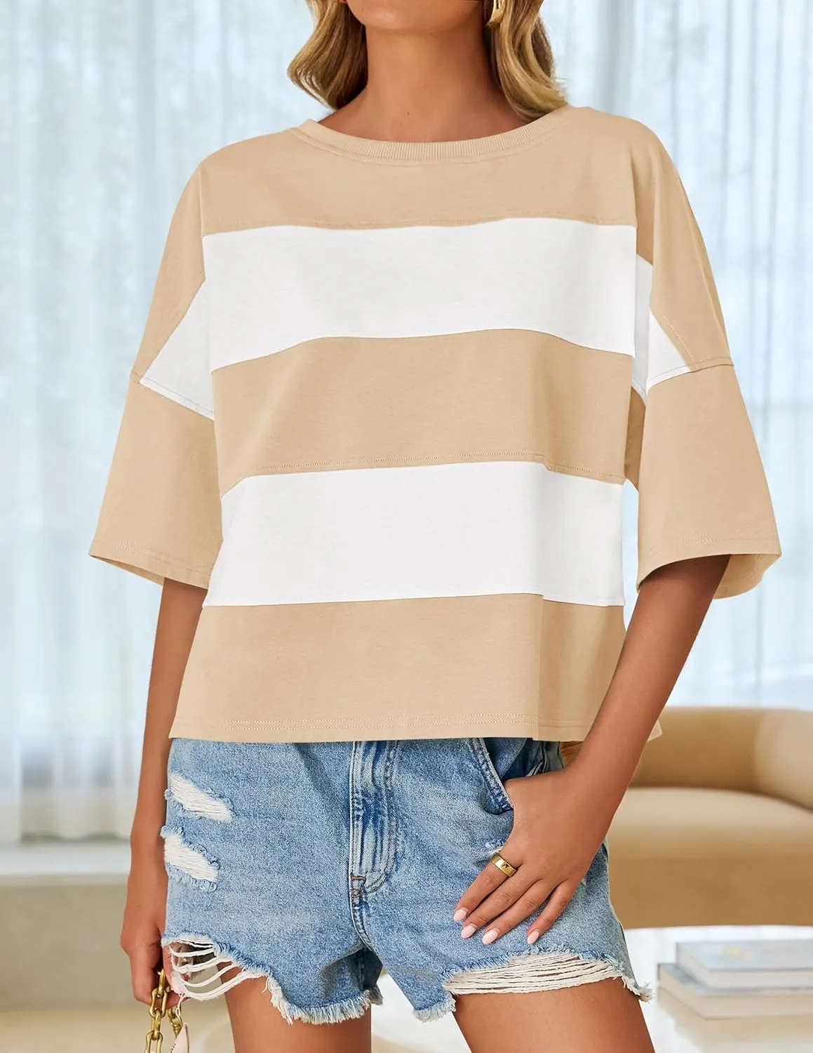 ZESICA Women's Summer 2025 3/4 Sleeve Casual Tee Tops Crewneck Drop Shoulder Color Block Oversized T-Shirts
