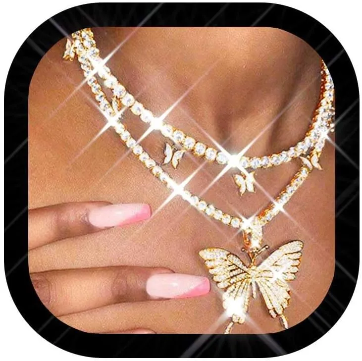 Zoestar Butterfly Choker Necklace Layered Rhinestone Pendant Necklaces Jewelry for Women